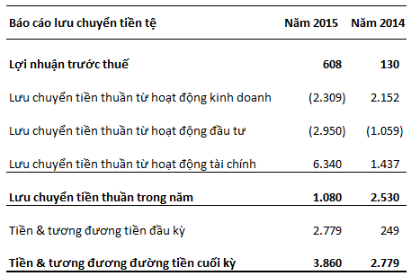 
Năm 2015, dòng tiền từ hoạt động kinh doanh và hoạt động đầu tư của Novaland bị âm khá lớn do tăng mạnh các khoản phải thu và đầu tư vào các công ty con, công ty liên kết. Bù lại, dòng tiền từ hoạt động tài chính tăng mạnh do tăng vay nợ và tăng vốn chủ
