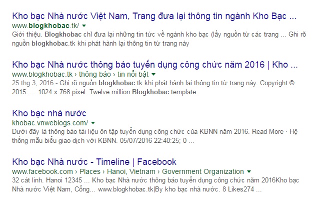 
Một số địa chỉ giả mạo Kho bạc Nhà nước trên mạng. Ảnh chụp màn hình.
