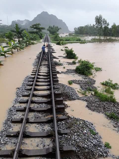
Đường sắt Bắc - Nam bị cô lập do mưa ngập tại Quảng Bình (Ảnh: Thiện Lương)
