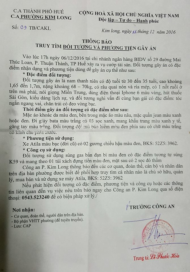 Thông báo mới nhất truy tìm nghi phạm thực hiện vụ nổ súng cướp ngân hàng tại Công an phường Kim Long (TP Huế)