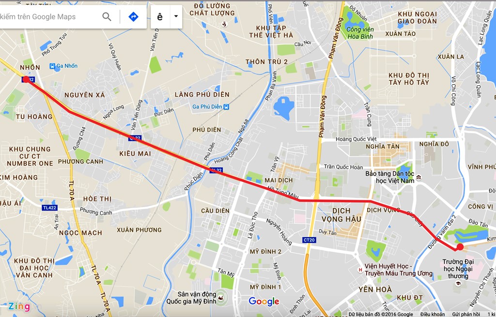 Tuyến đường sắt trên cao Nhổn - Ga Hà Nội (từ Nhổn - Thủ Lệ). Ảnh: Google maps.