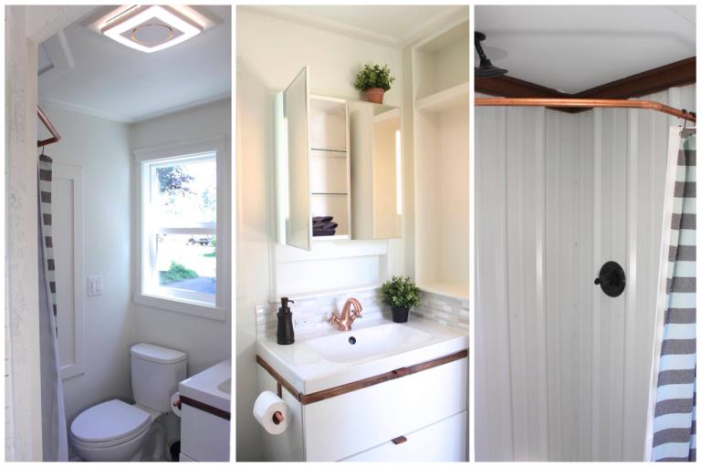 Khu vực vệ sinh được thiết kế toàn bộ với tông màu trắng giúp không gian nơi góc nhỏ này trở nên sạch sẽ và thoáng sáng. Những hệ thống tủ đựng đồ giúp cho nhà vệ sinh thêm gọn gàng ngăn nắp.