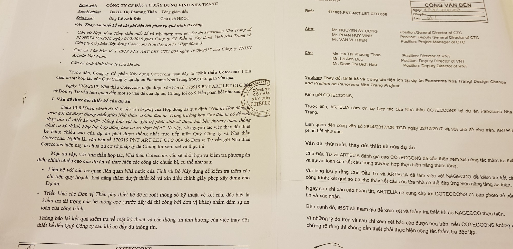 Các công văn đến và đi giữa hai bên trao đổi về nội dung đề xuất việc thi công nâng thêm 4 tầng của dự án Panaroma. Trong đó, phía CTD đã thể hiện rõ quan điểm từ chối vì việc này sẽ gây tác hại rất lớn đến kết cấu cả công trình.