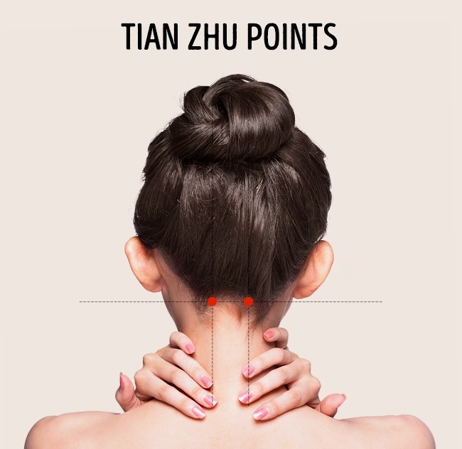 Massage các điểm sau gáy, sau tai và đầu cột sống giúp giảm nghẹt mũi, đau vùng tai và mắt. Đặc biệt, các điểm huyệt này có hiệu quả với các triệu chứng đau đầu dữ dội và đau nửa đầu.
