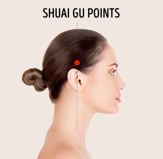 Cách vành tai 2 - 3 cm có một điểm lõm. Massage vị trí này giúp giảm các cơn đau và các dấu hiệu mỏi mắt đáng kể.