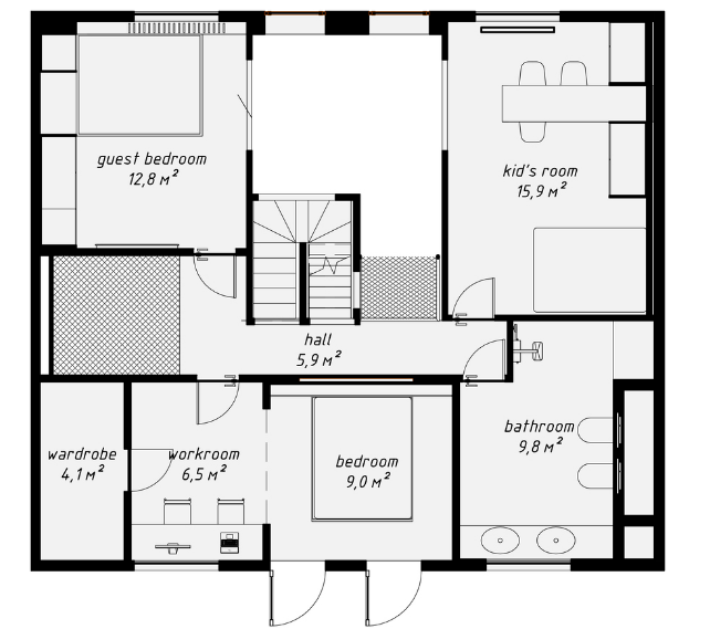 Sơ đồ bố trí không gian tầng 2.