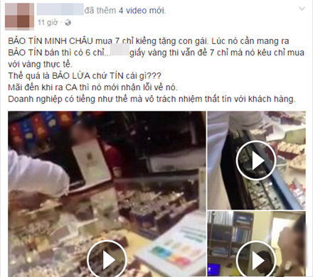
Quá bức xúc, khách hàng đã đăng tải thông tin lên Facebook cá nhân cùng toàn bộ clip trao đổi của nhân viên Bảo Tín Minh Châu với gia đình.
