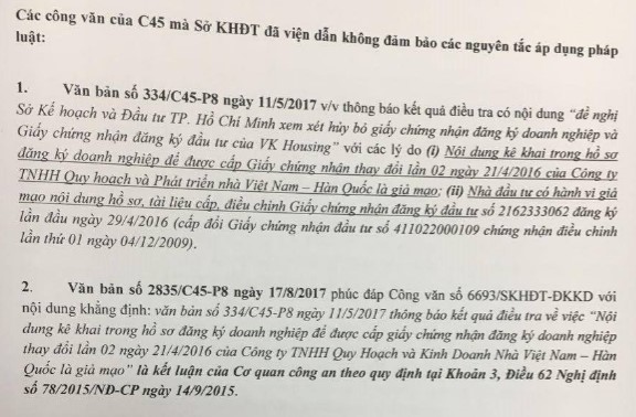 
Nội dung công văn của C45 trích theo đơn kêu cứu khẩn cấp của VK Housing ngày 29/9/2017.
