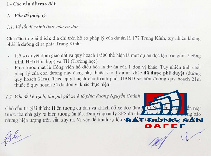 Biên bản họp ngày 8/1/2017 có chữ ký của ông Nguyễn Thế Vinh - Đại Diện chủ đầu tư Văn Phú - Trung Kính.