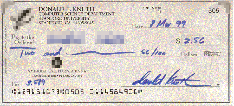 Tờ séc chứng nhận Knuth Rewards Check.