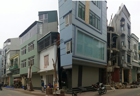 Những ngôi nhà móp méo tại phố Tôn Thất Tùng, Hà Nội.