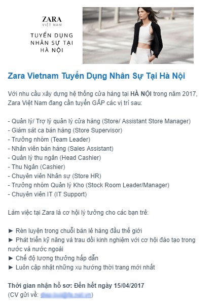 Mẩu tin tuyển dụng của Zara tại Hà Nội đang được một đơn vị bên thứ ba gửi đi những ngày gần đây. Ảnh: Chụp màn hình email.