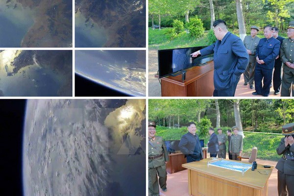 Nhà lãnh đạo Triều Tiên Kim Jong-un (ảnh trên và dưới, bên phải) theo dõi vụ phóng tên lửa Hwasong-12 ở Pukchang, tỉnh Nam Pyongan. (Nguồn: Yonhap/TTXVN)