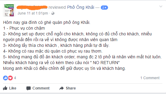 Một khách hàng phàn nàn rất nhiều về công tác phục vụ của nhân viên. Vị khách này hi vọng ông chủ sẽ có điều chỉnh để giữ uy tín và khách hàng. Ảnh: Fanpage Phở Ông Khải.