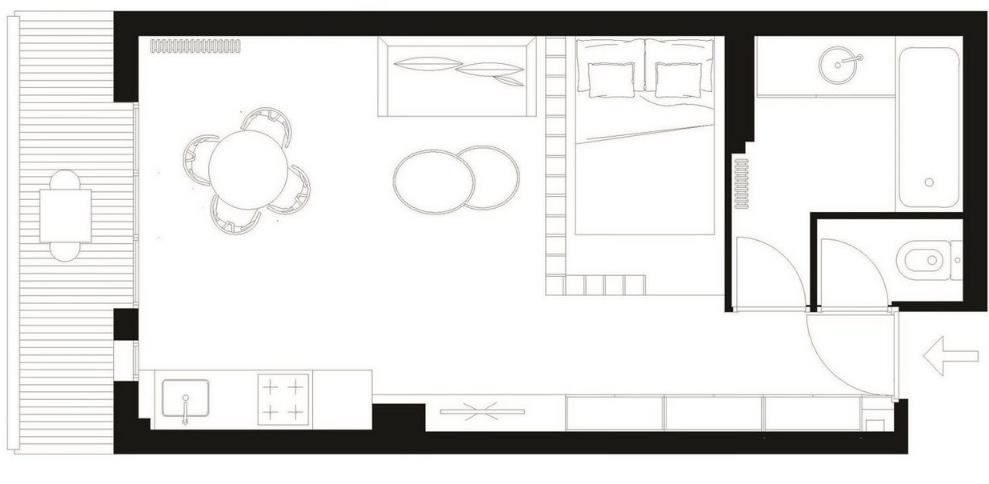 Với nhược điểm là diện tích nhỏ lại có khổ nhà hình ống nên chủ nhân căn hộ đã quyết định bố trí các không gian chức năng chạy dọc theo 2 bên tường để tiện sử dụng đồng thời tạo sự rành mạch cho từng không gian.