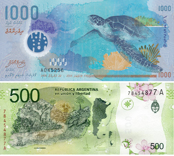 Tờ 1.000 Rufiyaa của Maldives (trên) và tờ 500 Peso của Argentina