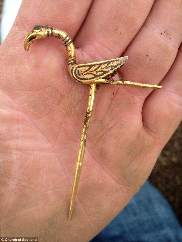 Ghim cài hình chim bằng vàng nằm trong kho báu mà anh Derek McLennan phát hiện.