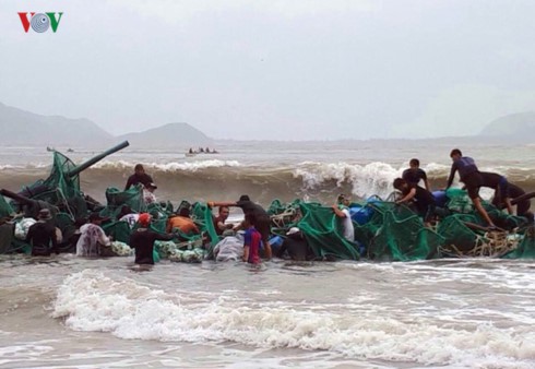  Dù sóng biển vẫn lớn, nhưng người nuôi tôm hùm ở thị xã Sông Cầu, tỉnh Phú Yên vẫn cố ra biển để tìm kiếm lồng tôm còn sót lại.