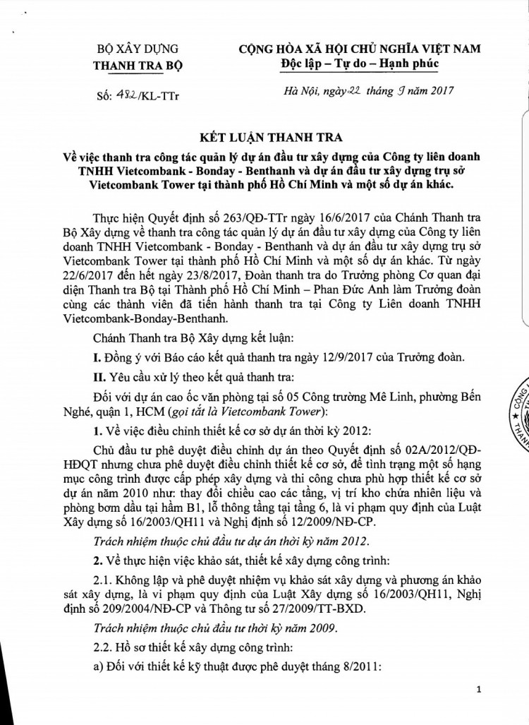 Kết luận thanh tra của Thanh tra Bộ Xây dựng