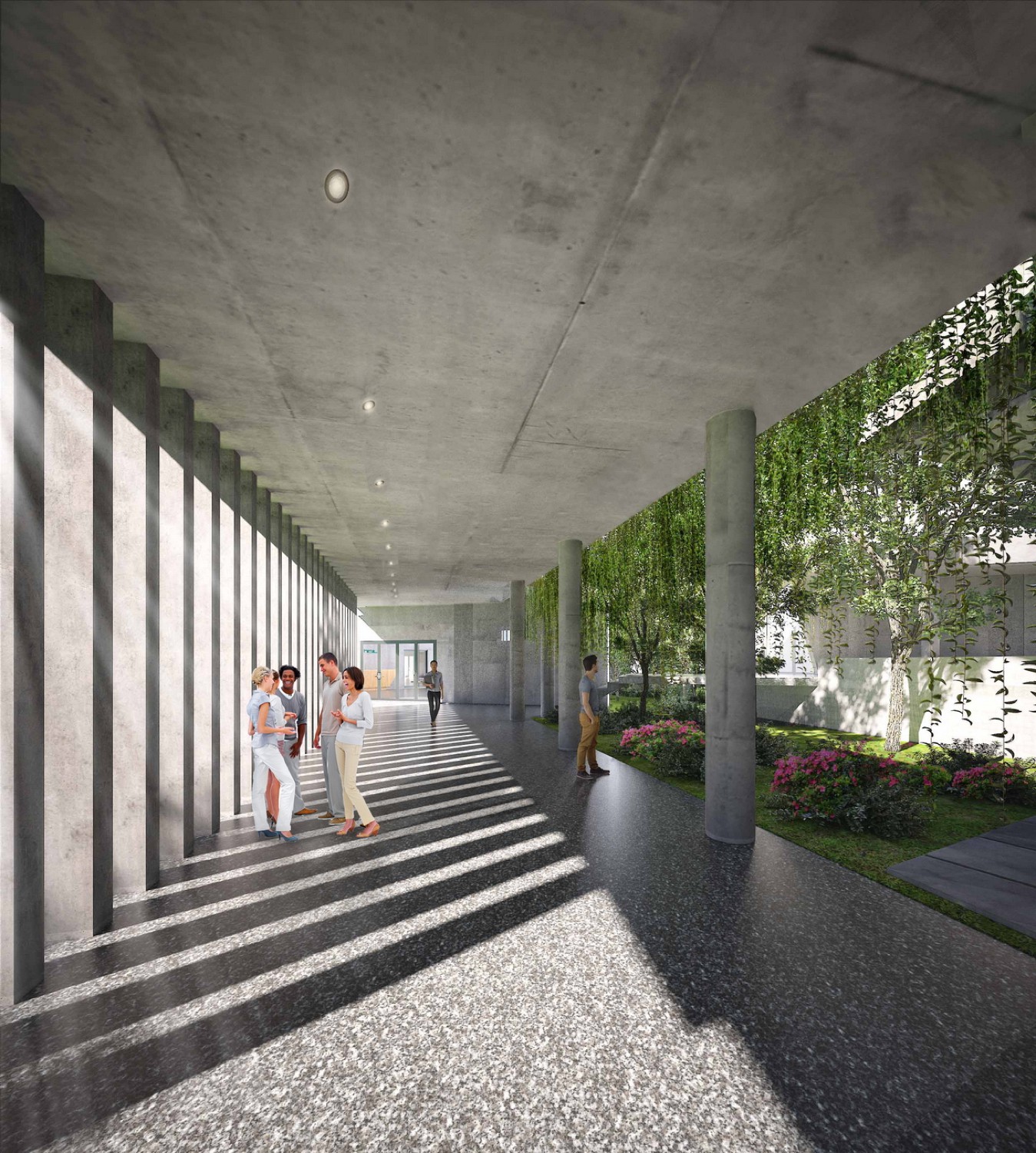 Trên những bức tường này những lỗ mở hình vuông để gió có thể xuyên qua, giảm áp lực cho những bức tường, đồng thời cho ánh nắng mặt trời đi qua, tạo nên bóng đổ và hiệu ứng thú vị trên mặt đứng. Khu vườn trên mái cũng được sử dụng như phòng họp ngoài trời.