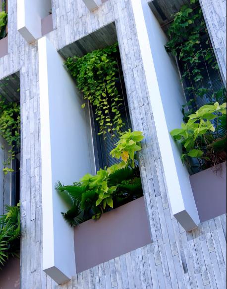 
Trên các tầng, toàn bộ khu vực mặt tiền được tận dụng để trồng cây xanh và cây dây leo tạo nên một “tấm rèm xanh” lý tưởng để ngăn tiếng ồn và khói bụi vào nhà.

 
