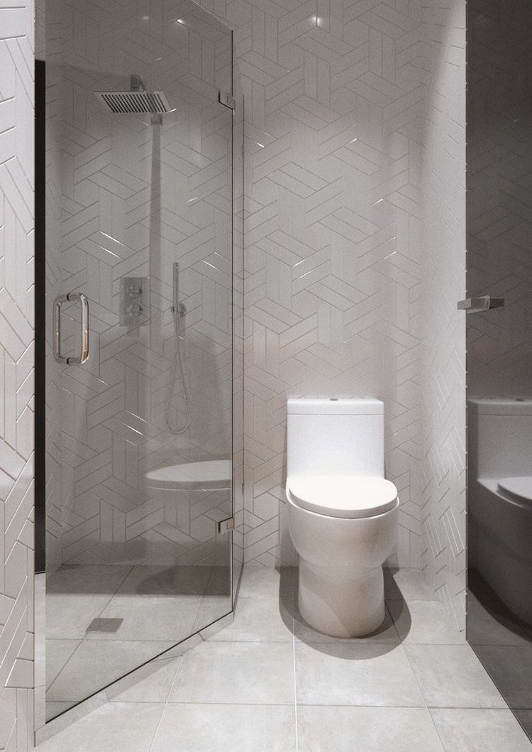 Nhà vệ sinh với bồn tắm đứng tách biệt bằng một lớp cửa kính trong suốt.