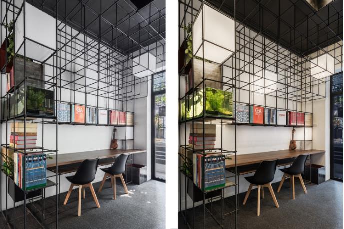 Toàn bộ sàn nhà được lót thảm tối màu vô cùng sạch sẽ.