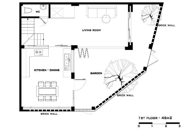 Sơ đồ bố trí không gian tầng 1.