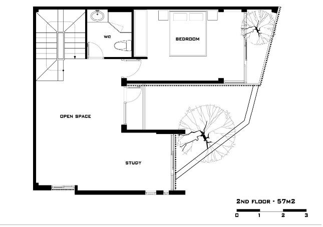 Sơ đồ bố trí không gian tầng 2.