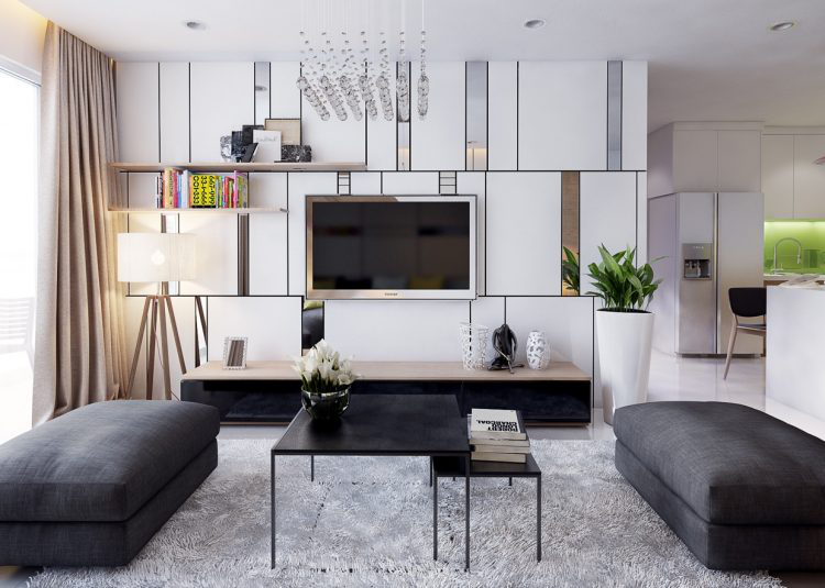 Chiếc tivi được gắn cố định vào tường giúp căn phòng trông rộng rãi hơn hẳn. Đặc biệt gam màu trắng chủ đạo giúp tôn lên vẻ sang trọng, đẳng cấp cho phòng khách, cũng như giúp không gian phòng khách thêm sáng sủa, tràn đầy sức sống.