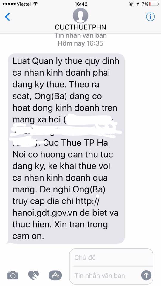 
Tin nhắn của cơ quan thuế gửi tới điện thoại của anh Hoàng.
