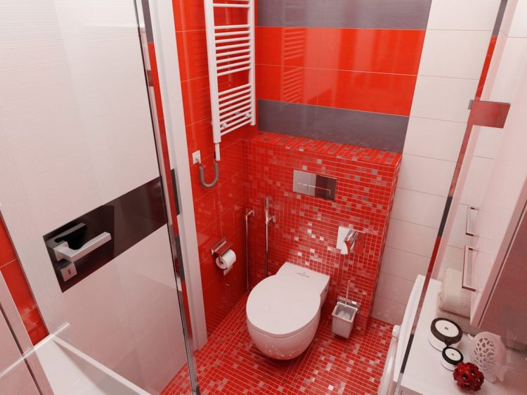  Nhà vệ sinh tuy nhỏ nhưng được thiết kế khá hiện đại và ấn tượng với tông đỏ. 