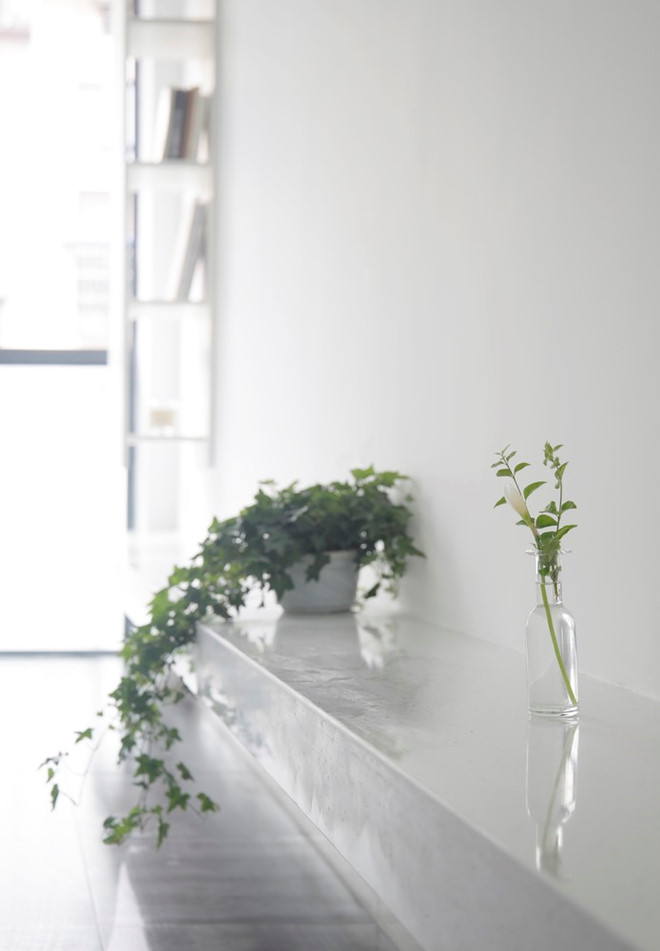 Một bên hông nhà được thiết kế một kệ chạy dài giúp chủ nhà có trưng bày những vật trang trí bắt mắt, làm đẹp cho tổ ấm của mình.