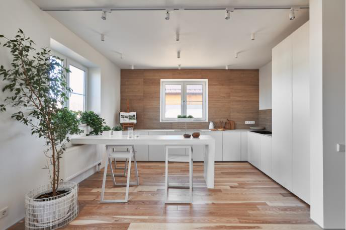 Không gian tầng 1 thông thoáng nhờ rất nhiều cửa sổ. Trong ảnh là khu vực bếp và bàn ăn rộng được bố trí bên cạnh rất nhiều cây xanh.