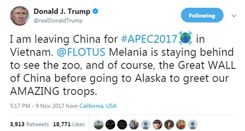Tổng thống Donald Trump thông báo đang đến Việt Nam. Ảnh: Twitter