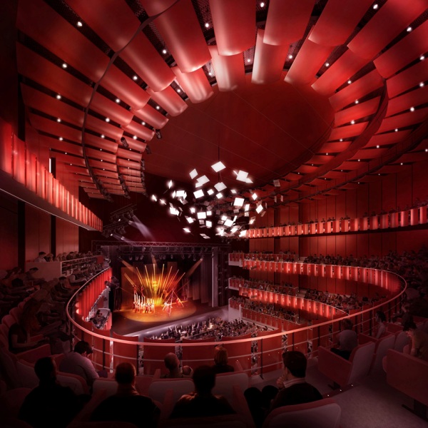 
Công trình chính tổ chức hợp khối, phòng hoà nhạc cổ điển bố trí trên phòng biểu diễn đa chức năng.
