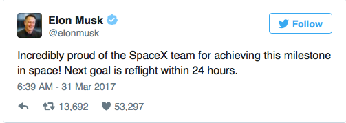 Vô cùng tự hào về đội ngũ SpaceX đã đạt được thành tựu quan trọng này trong lịch sử không gian! Mục tiêu tiếp theo là tái bay trong vòng 24 giờ.