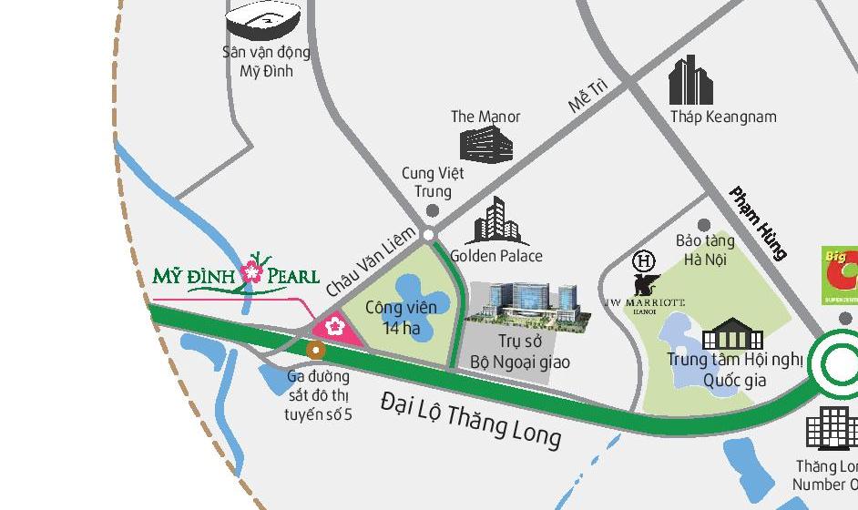 Mỹ Đình Pearl tọa lạc ngay mặt Đại Lộ Thăng Long cách Big C khoảng 1km.