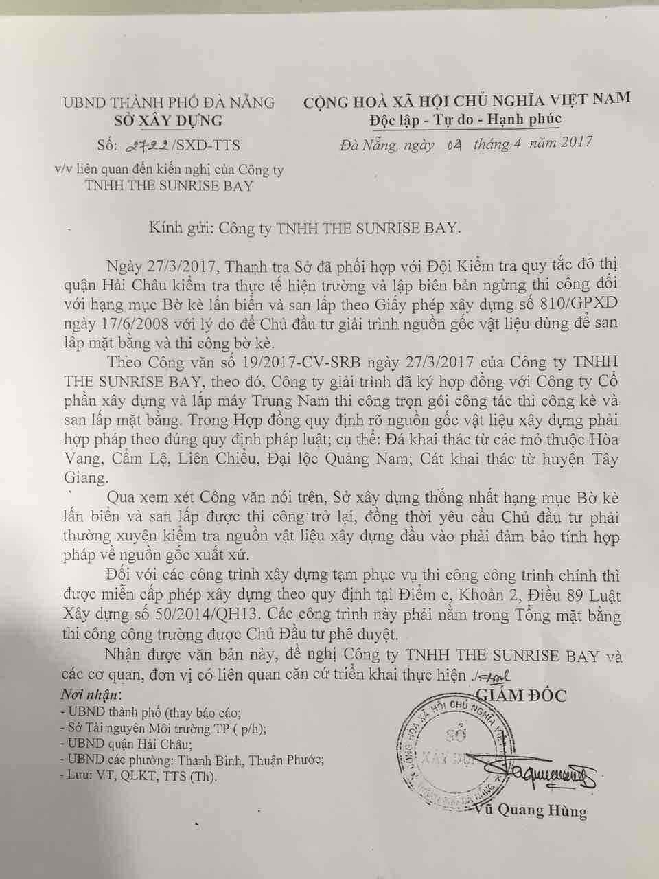 Công văn của Sở Xây dựng Đà Nẵng thống nhất hạng mục Bờ kè lấn biển và san lấp được thi công trở lại.