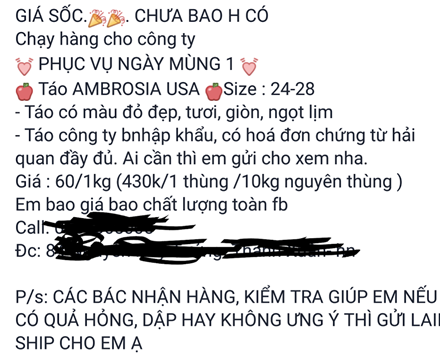   Một cá nhân bán hàng trên mạng Face book chào bán táo Mỹ với giá rẻ. Ảnh: L.V  