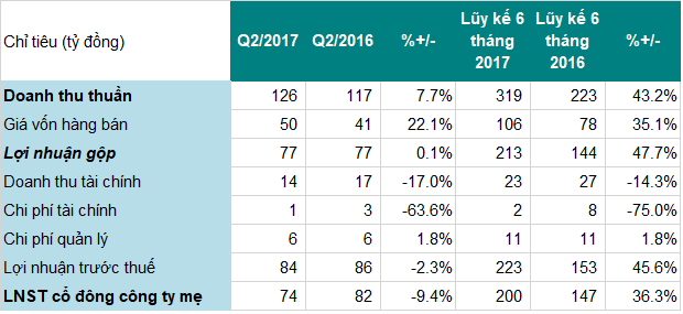 KQKD tóm tắt quý II (nguồn: BCTC VSH)