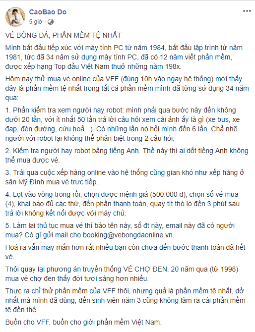 Phó Tổng giám đốc FPT nói về trải nghiệm khi mua vé online của VFF: Đây là phần mềm tệ nhất tôi từng sử dụng trong 34 năm qua, đến sinh viên năm 3 cũng không làm ra cái phần mềm tệ đến thế - Ảnh 1.