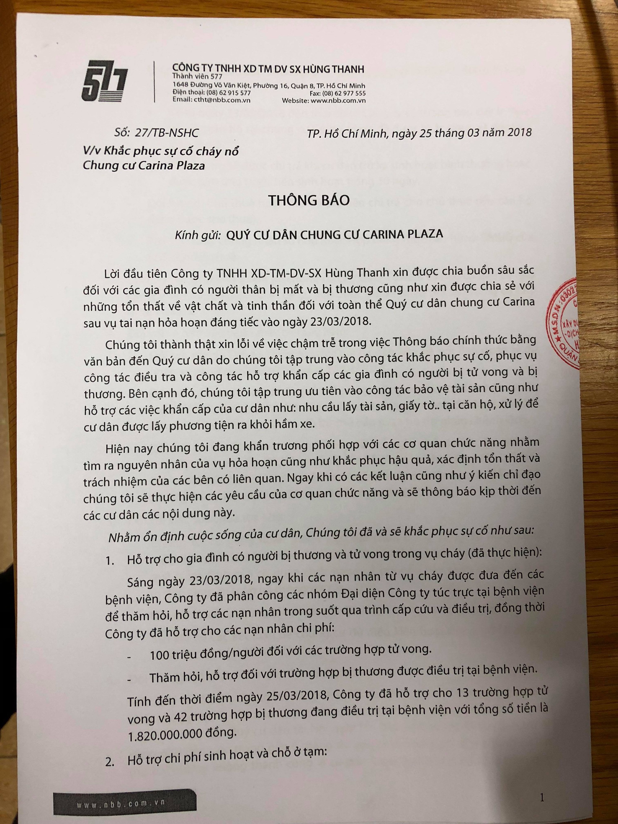 Sau 3 ngày thảm họa cháy chung cư Carina Plaza, lần đầu tiên chủ đầu tư lên tiếng bằng... văn bản - Ảnh 1. Sau 3 ngày thảm họa cháy chung cư Carina Plaza, lần đầu tiên chủ đầu tư lên tiếng bằng... văn bản - Ảnh 1.