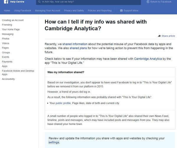 Hướng dẫn kiểm tra thông tin cá nhân trên Facebook bị phát tán trong vụ Cambridge Analytica - Ảnh 1.