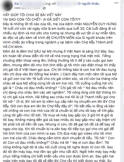 Mẹ Việt kiều Mỹ tố bác sĩ tắc trách làm con trai 19 tuổi tử vong, BV Chợ Rẫy lên tiếng: Người nhà bệnh nhân đã thổi phồng câu chuyện - Ảnh 1.