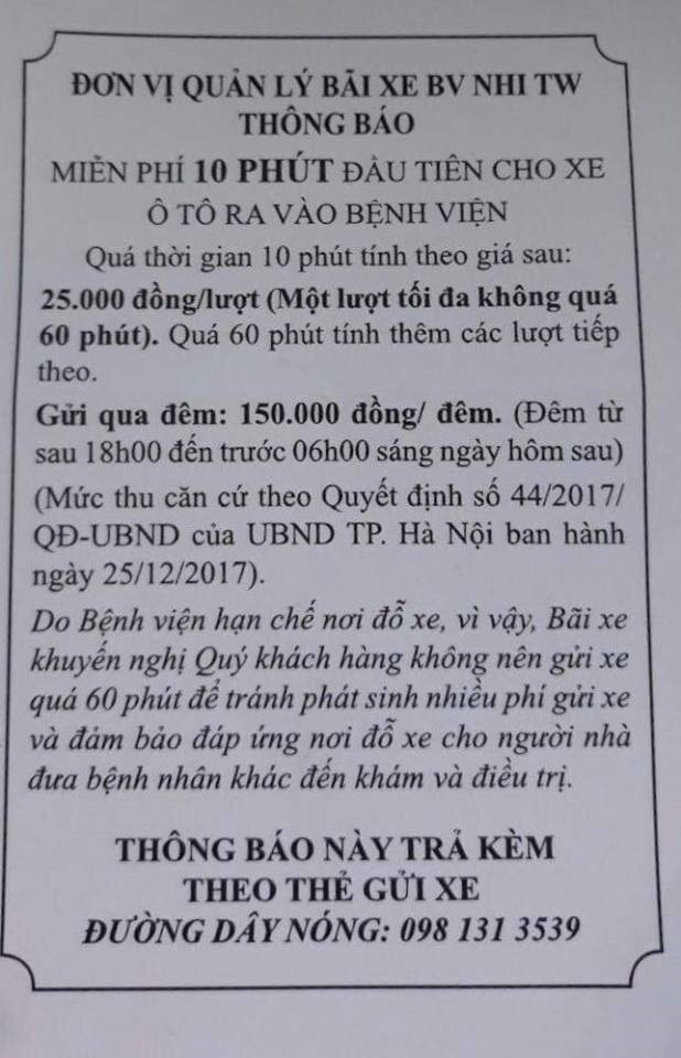 Gửi ôtô trong Bệnh viện Nhi Trung ương: 3 ngày hết 1,7 triệu đồng? - Ảnh 1.