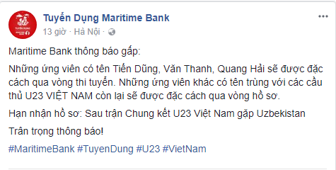 Ngân hàng chơi trội: MaritimeBank tuyển dụng đặc cách cho các ứng viên trùng tên với đội tuyển U23 Việt Nam - Ảnh 1.