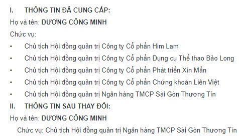 
Thông báo của Sacombank về chức vụ của ông Dương Công Minh
