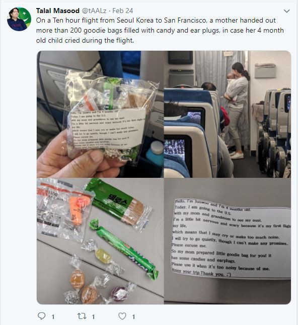Cho con 4 tháng tuổi đi máy bay, bà mẹ gửi kẹo và bịt tai cho 200 hành khách nhưng đáng chú ý là tờ giấy đính kèm - Ảnh 1.