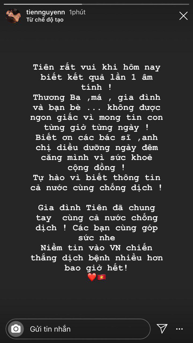 Tiên Nguyễn xác nhận âm tính lần 1: Thương ba má mất ngủ vì mong tin con, biết ơn bác sĩ và điều dưỡng ngày đêm căng mình! - Ảnh 1.